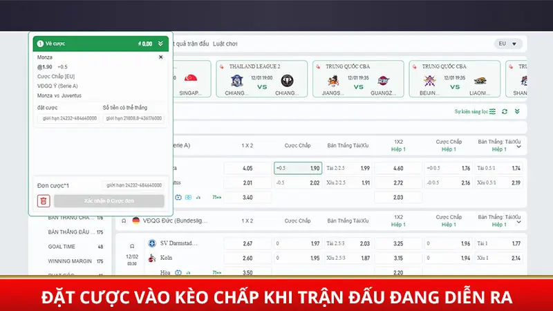 Đặt cược kèo chấp khi trận đấu đang diễn ra